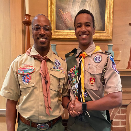 Amb. Brigety with his son, Roebel, after Roebel's Eagle BOR