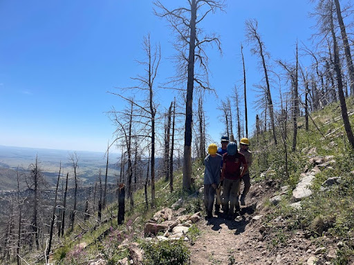 Trail crew operating as a team to move a large boulder from the trail. 