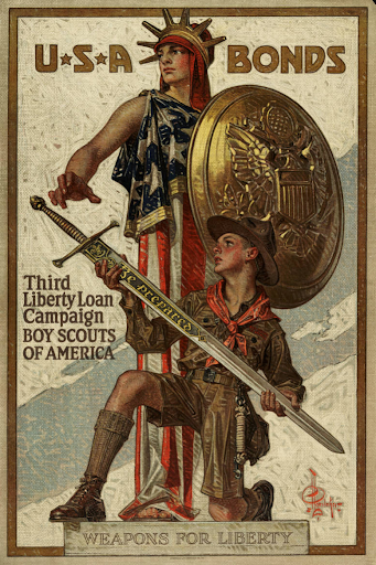 This poster depicts Lady Liberty dressed in an American Flag with a kneeling Boy Scout by her side. He hands her a sword inscribed with the words, “Be Prepared.”